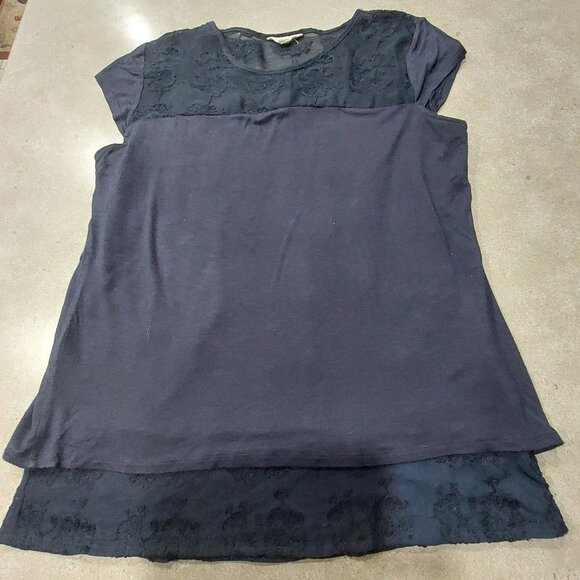 ADIVA Women's Navy Floral Stretch Cap Sleeves 2-Tier Top w/Lace Accent - Medium - Picture 4 of 9